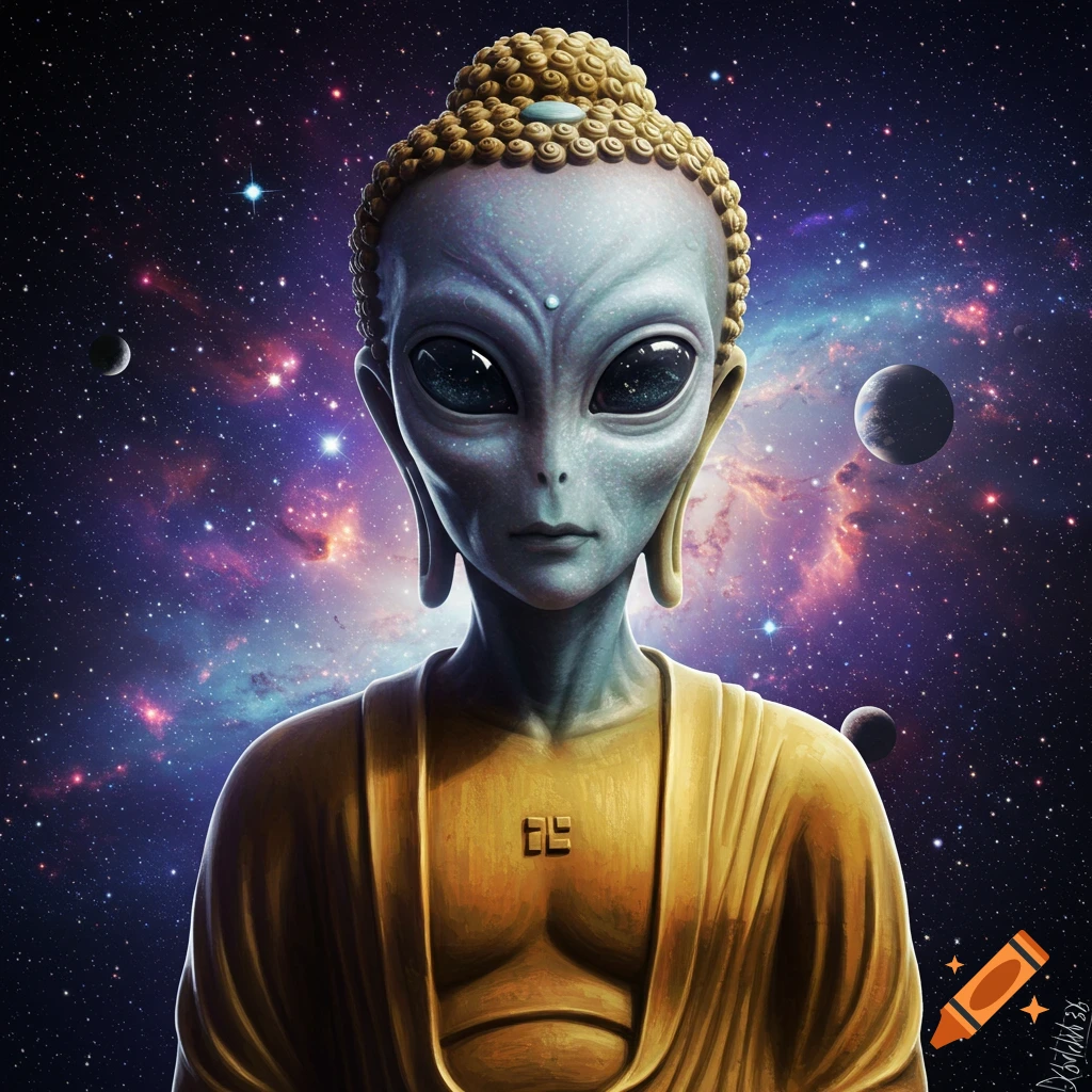 An alien head rests on a Buddha statue in front of a galaxy background.