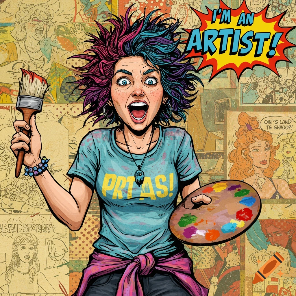 Comic illustration of an excited artist holding a paintbrush and palette, surrounded by comic panels.