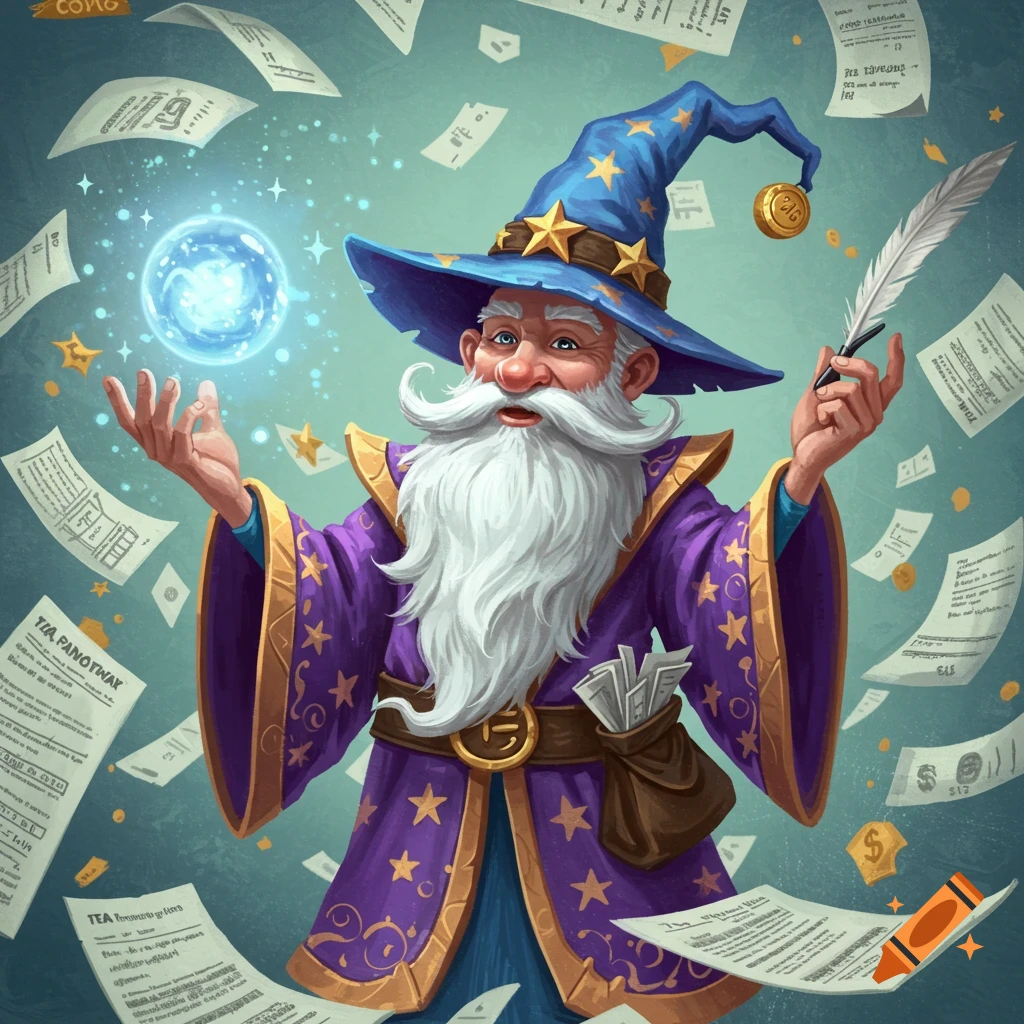 A cartoon wizard in a purple robe and blue hat holds a glowing orb and quill while floating papers swirl around him.