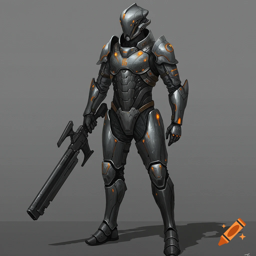 A futuristic soldier in grey and orange armor holding a rifle.