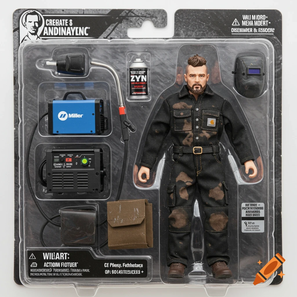 An action figure of a construction worker with welding equipment in plastic packaging.