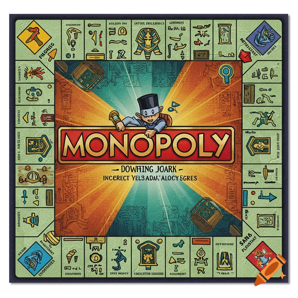 A board game with an Egyptian/fantasy theme, resembling Monopoly with a cartoon character.