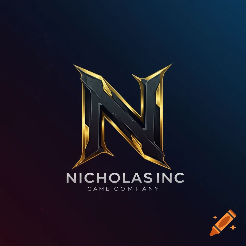Stylized gold and dark metal logo featuring the letter N above the text Nicholas INC Game Company on a dark background.