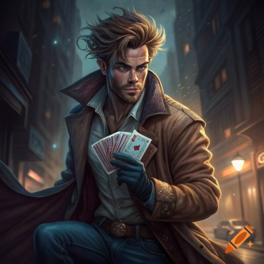 A man with brown hair wearing a trench coat holds playing cards in a rainy city street.