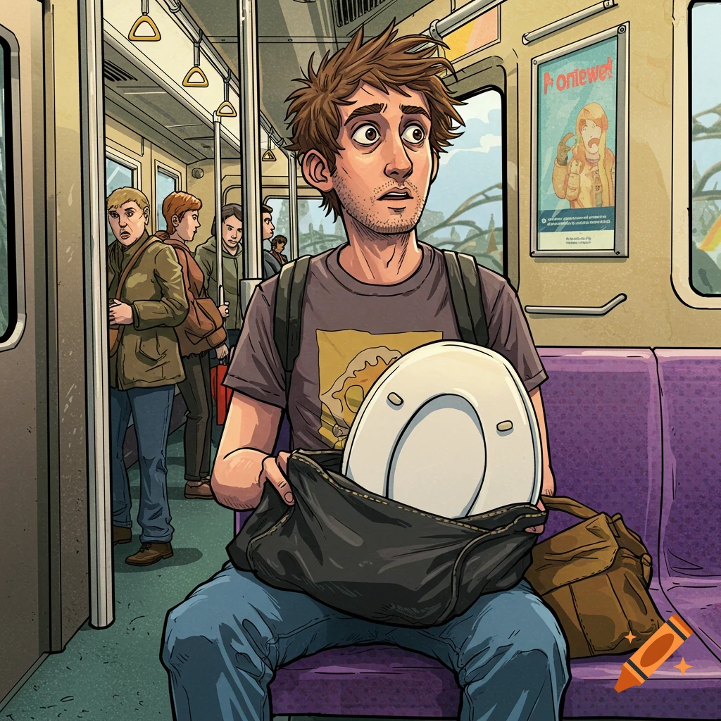 A man is sitting on a train with a toilet seat visible in his bag.