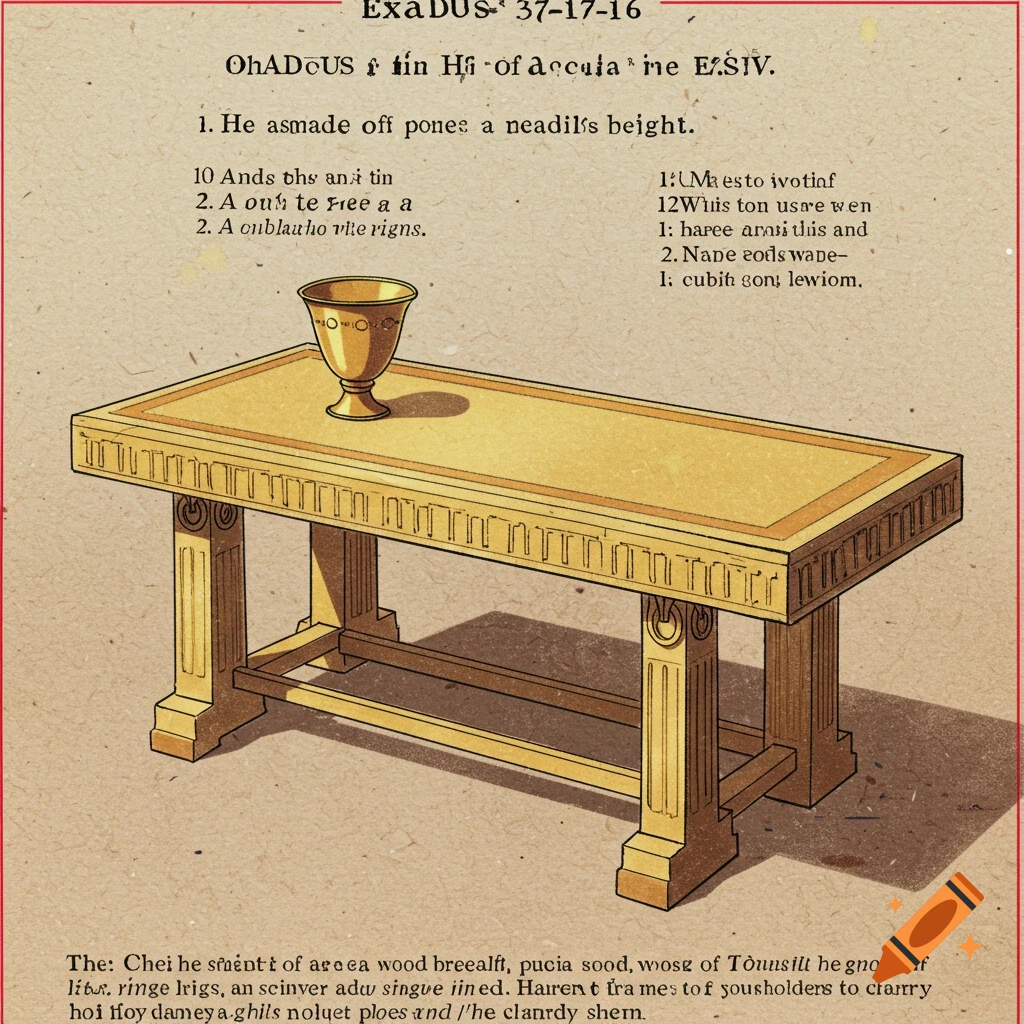 Illustration of a golden table and cup with surrounding text
