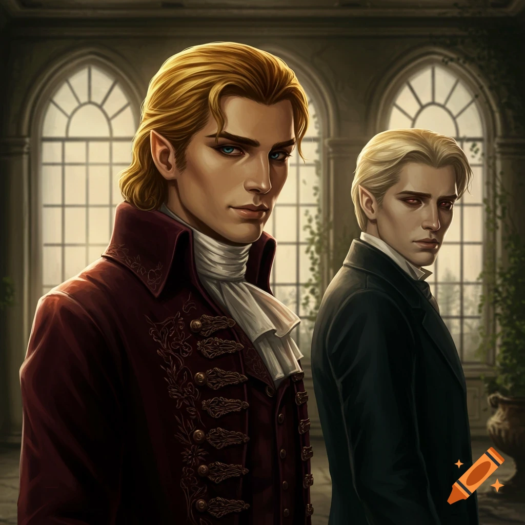 Two male figures with blonde hair in historical clothing, in a room with large windows
