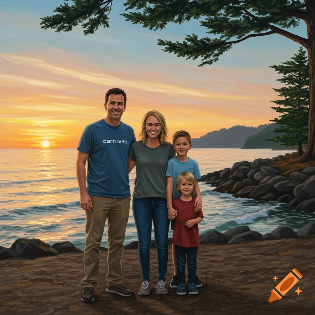 Painting of a family of four standing on a beach at sunset.