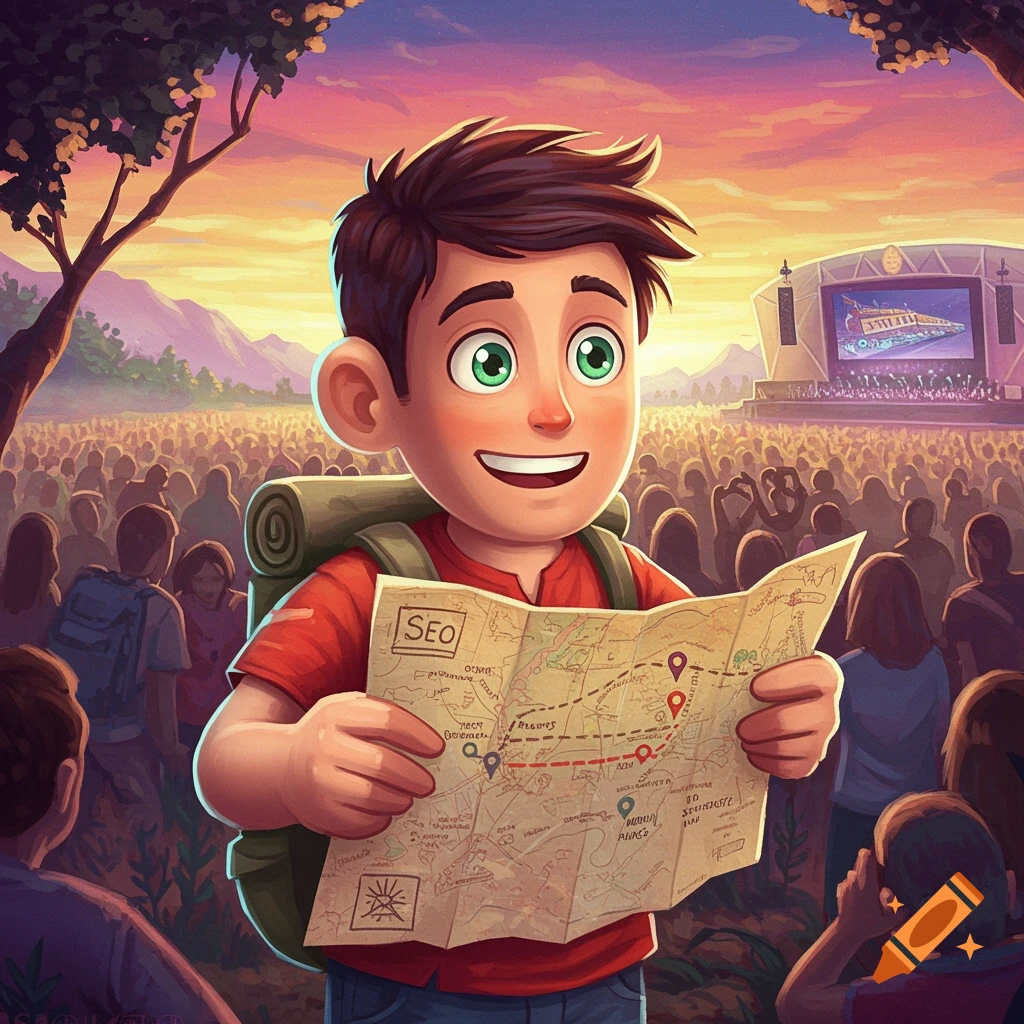 Cartoon boy with backpack looks at map in front of a crowd and concert stage at sunset in vibrant colors.