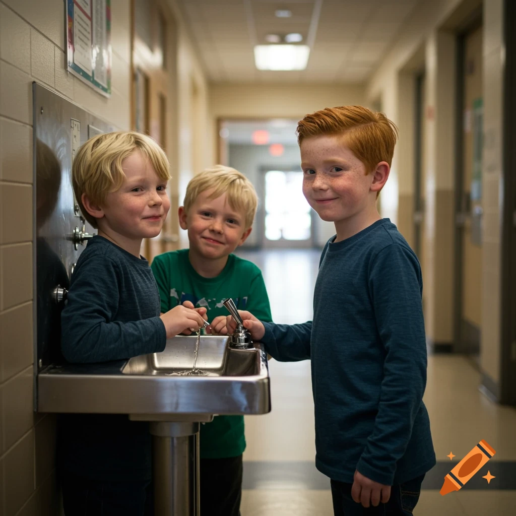Three boys at a drinking fountain in a school hallway, photorealistic style.