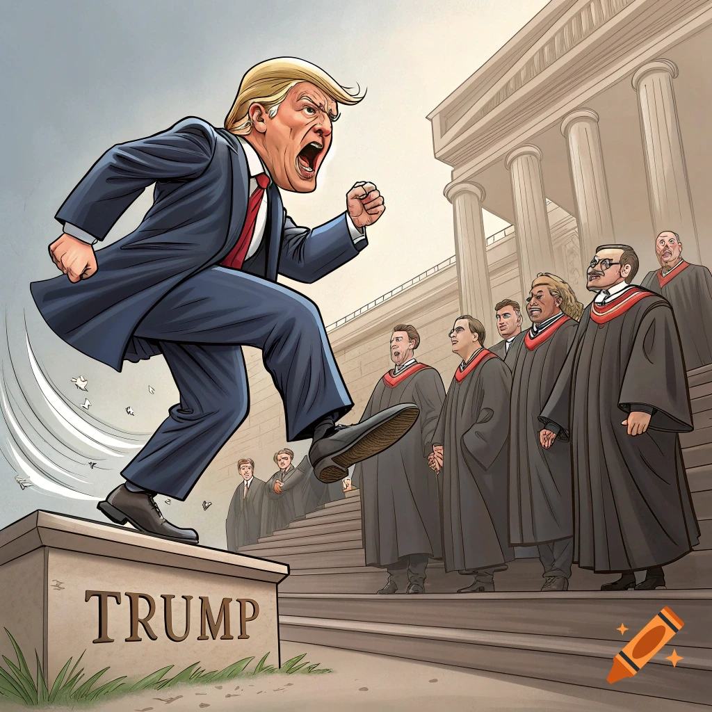 Caricature of Donald Trump stepping on a block labeled 'TRUMP' with judges behind him in a cartoon style.