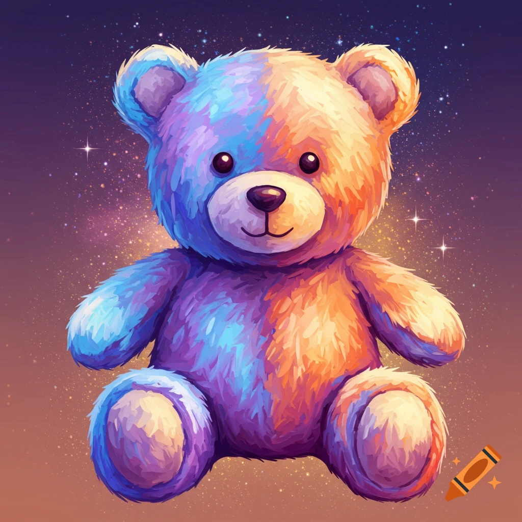 A colorful, abstract image of a teddy bear against a starry background.
