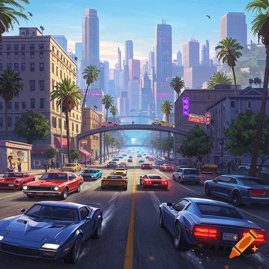 A vibrant image of a busy city street with numerous classic and modern cars driving towards a distant skyline.