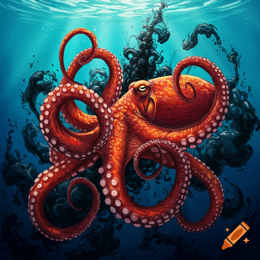 An orange octopus releasing black ink underwater.