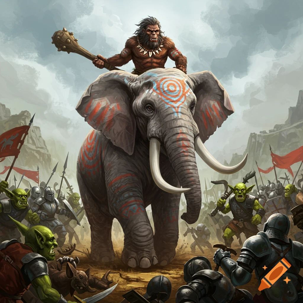 A sasquatch-like creature riding an elephant into battle against fantasy soldiers.