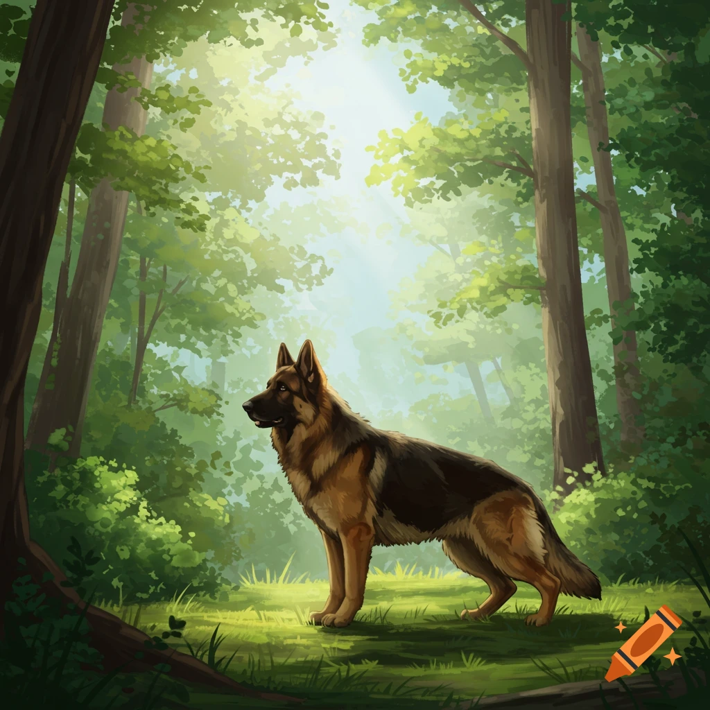 A German Shepherd stands in a sunlit forest clearing.