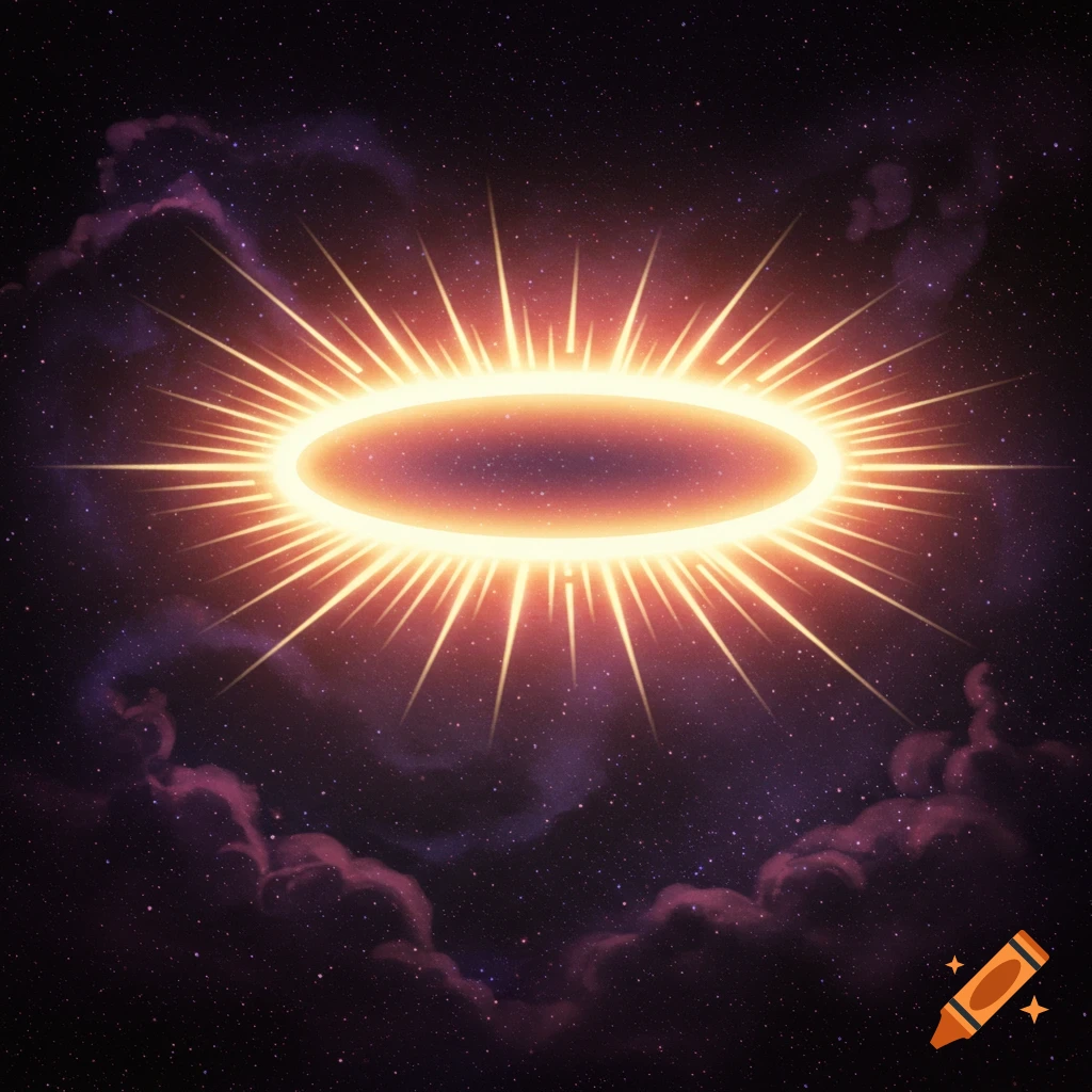 A glowing oval halo with rays against a starry sky with purple clouds.
