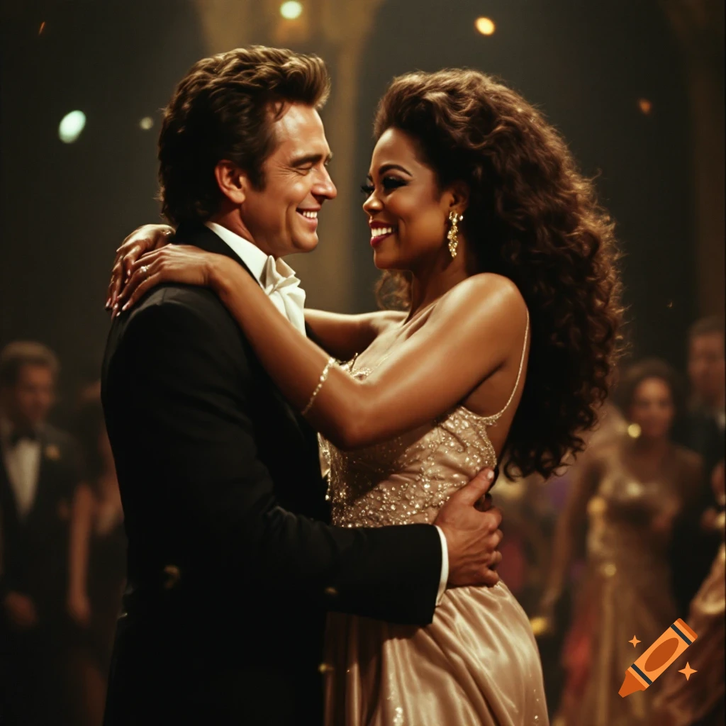 Couple dancing and smiling closely in a dimly lit ballroom