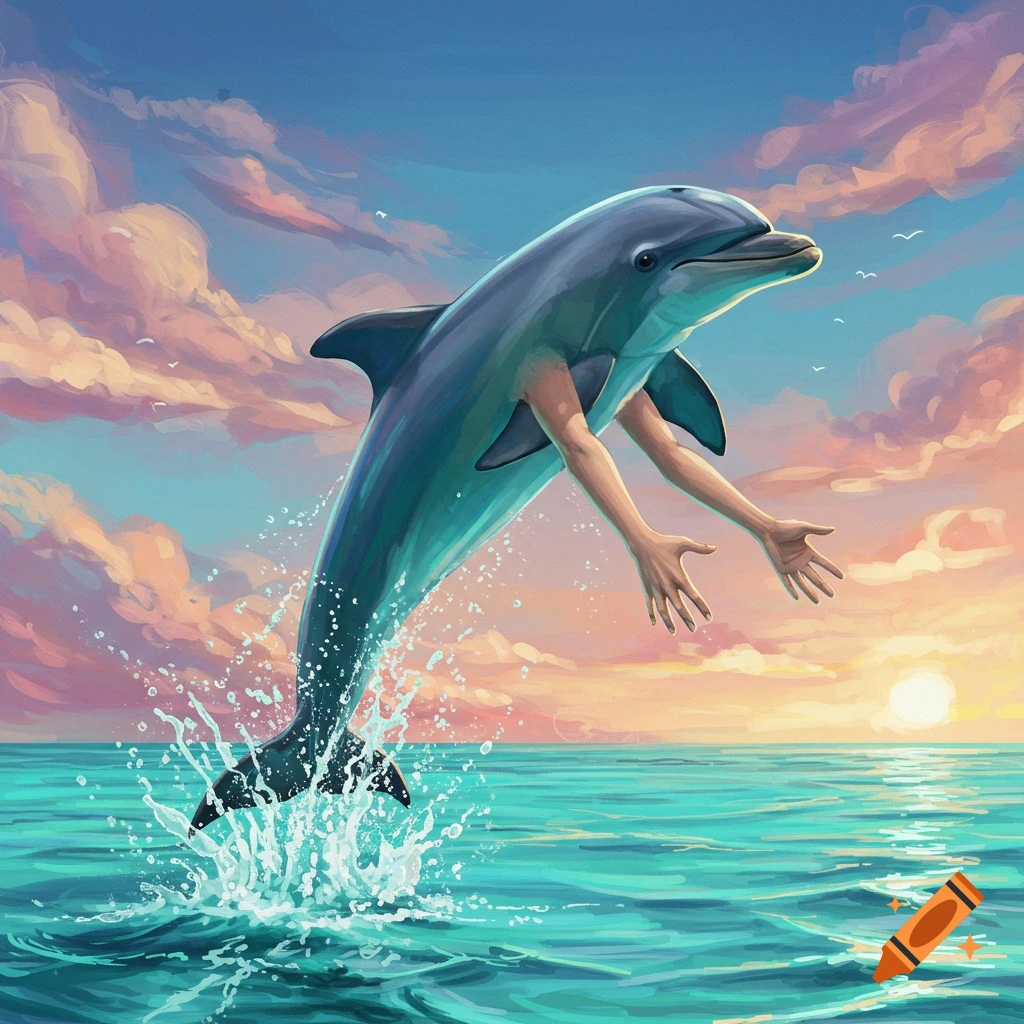 A dolphin with human hands jumping from the ocean at sunset
