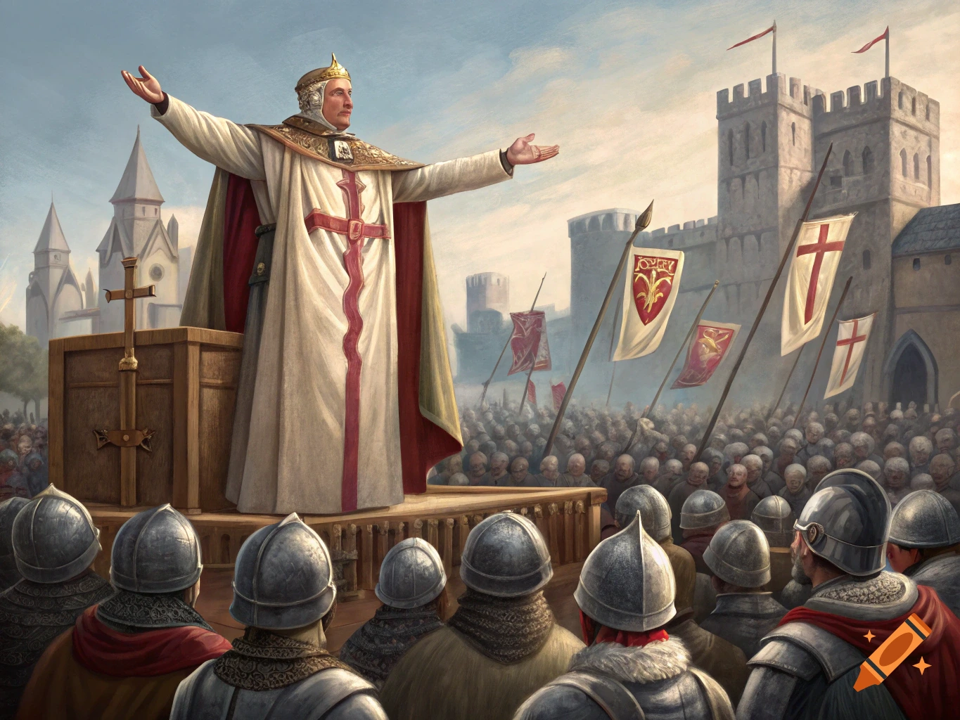 Religious leader gives speech to soldiers before a castle, painting.