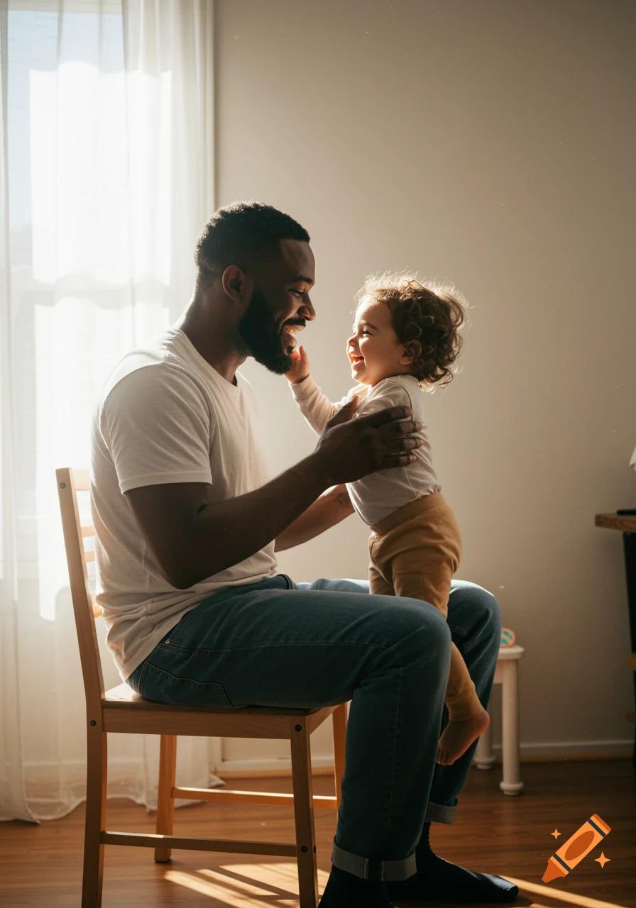 A Black man sits on a chair, holding a giggling toddler in a sunlit room. They are smiling at each other.