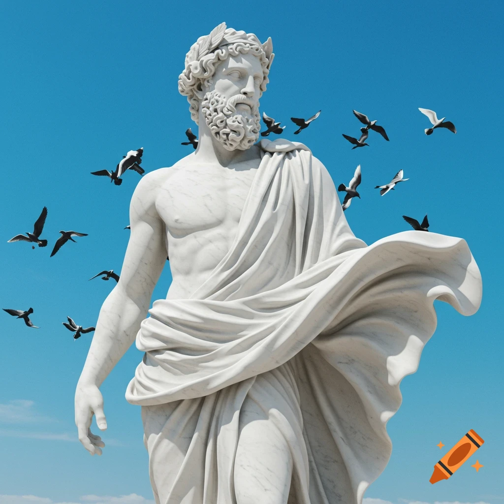 Marble statue of a Greek God wearing a toga with birds flying around against a blue sky.