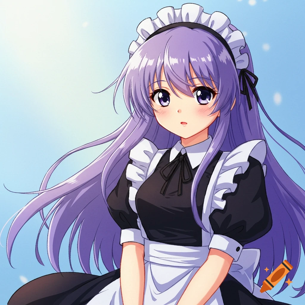 An anime girl with long purple hair and purple eyes wears a black and white maid outfit.