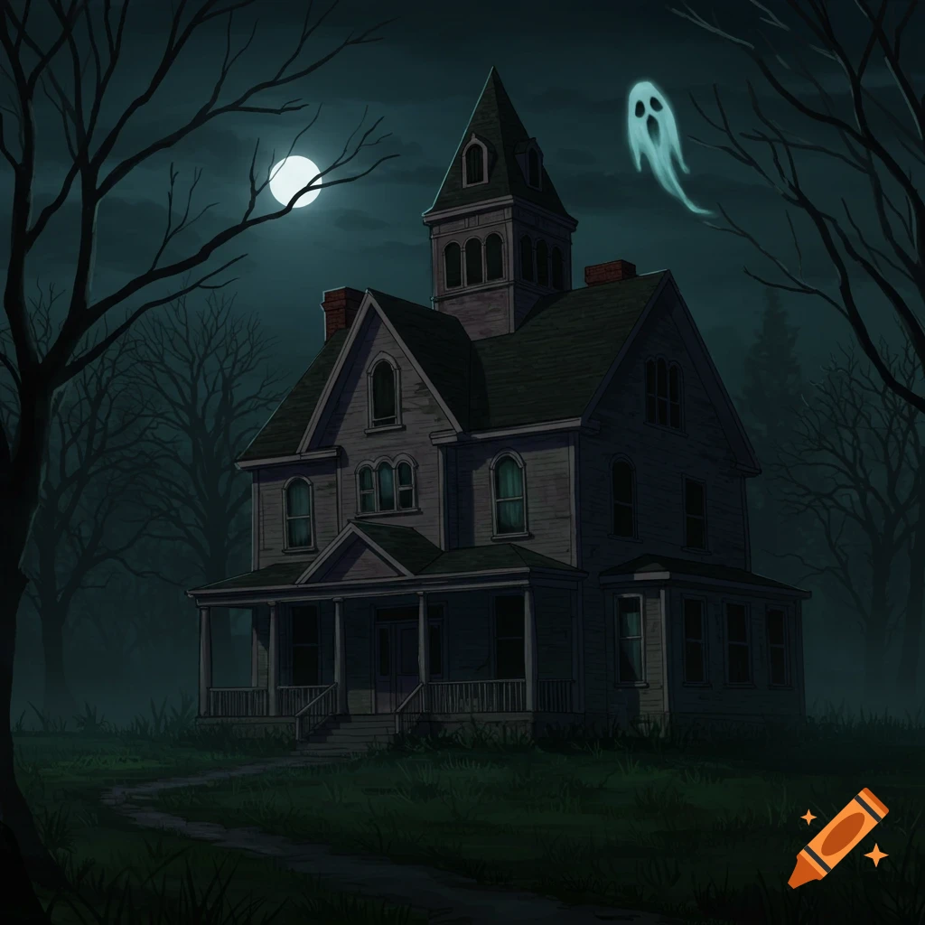 A spooky, old haunted house under a full moon with a white ghost floating nearby.