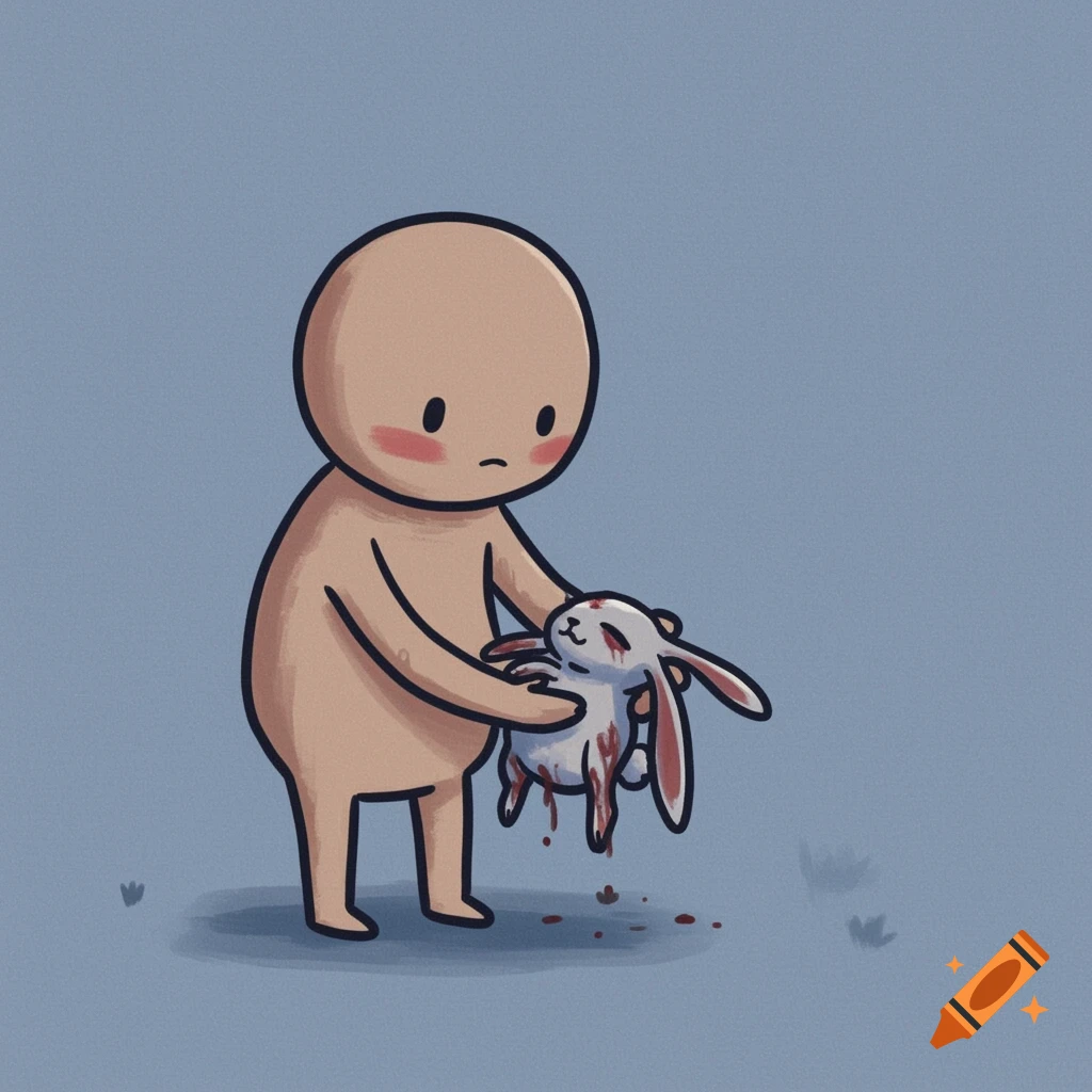 Cartoon figure holds a small, bloodied rabbit.