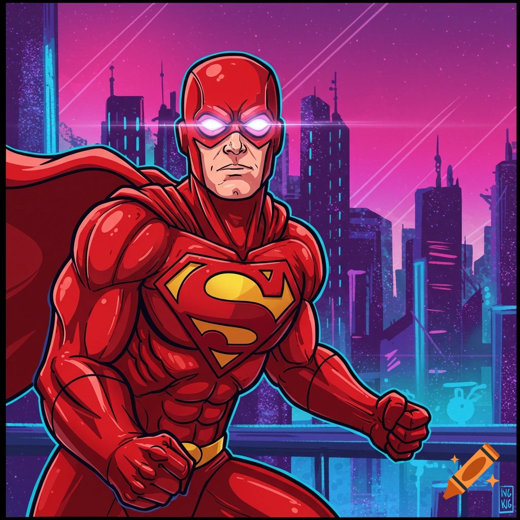 A red superhero with an S symbol and mask standing in a city at night.