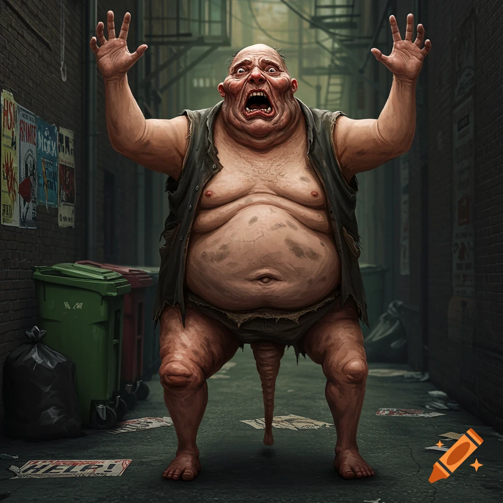 A grotesque, deformed obese man with a third leg and arms raised in a dark alley with text 'HELP!' on the ground.