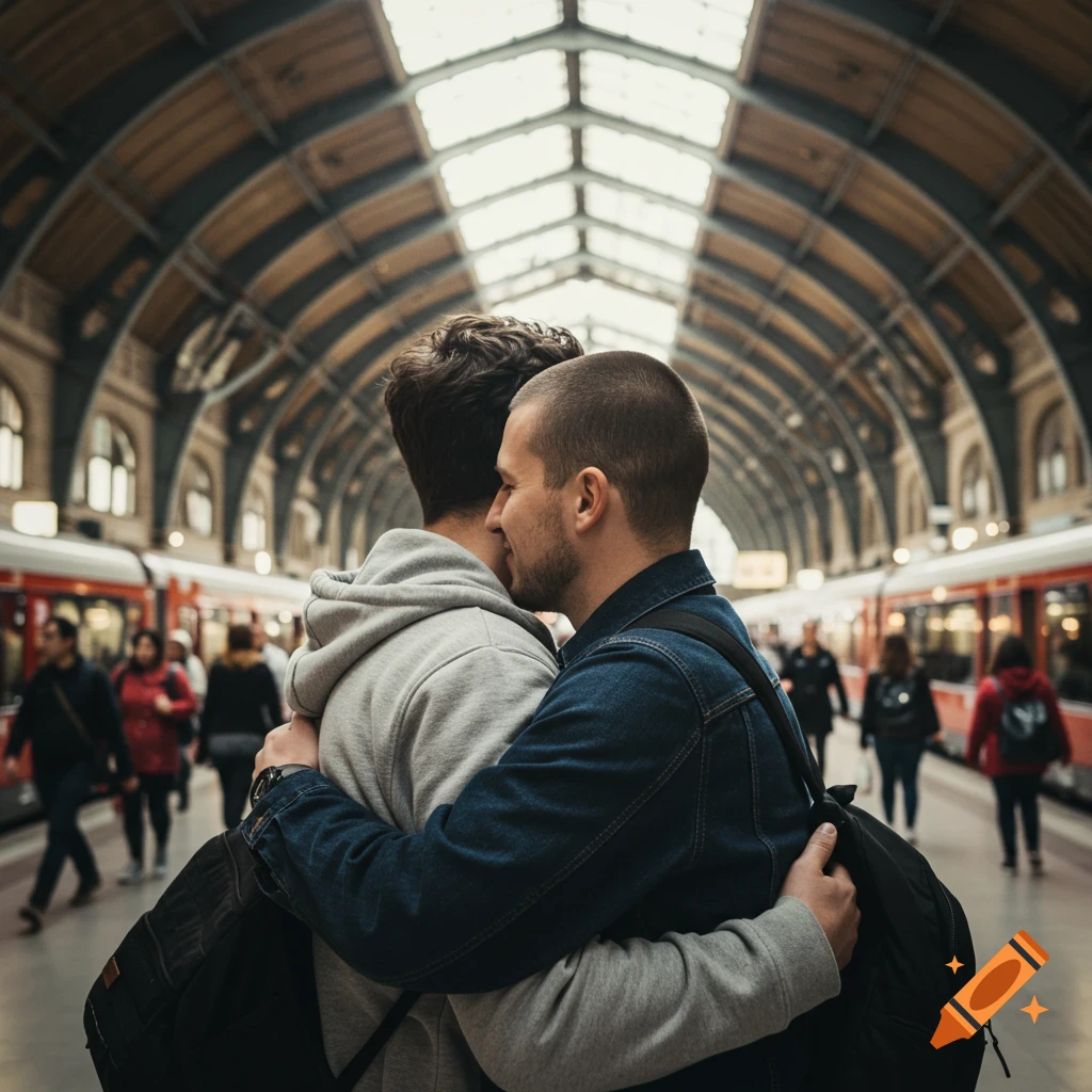 Two men hug in a busy train station