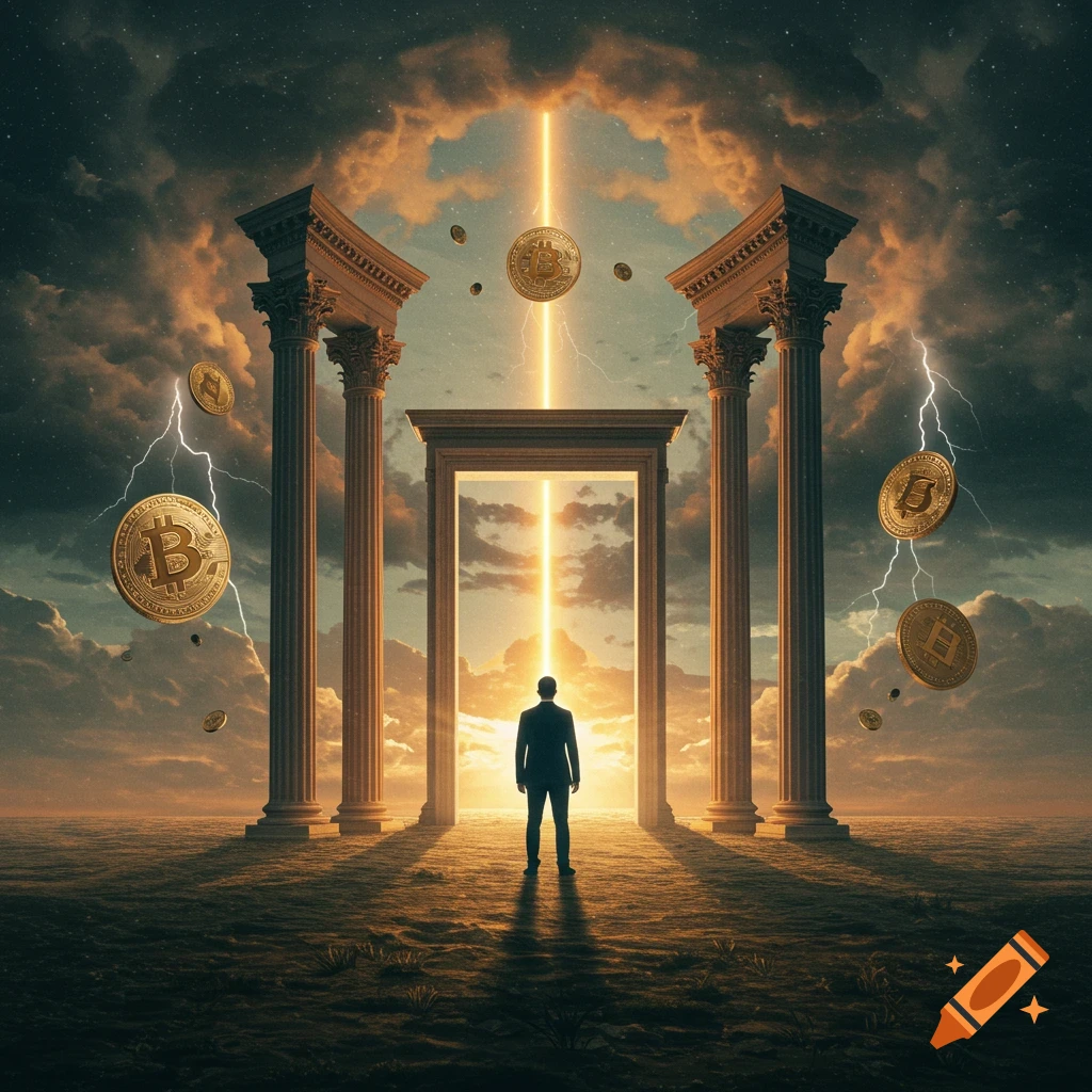 A man before a glowing gateway between columns, with lightning and floating Bitcoin symbols in a surreal landscape.