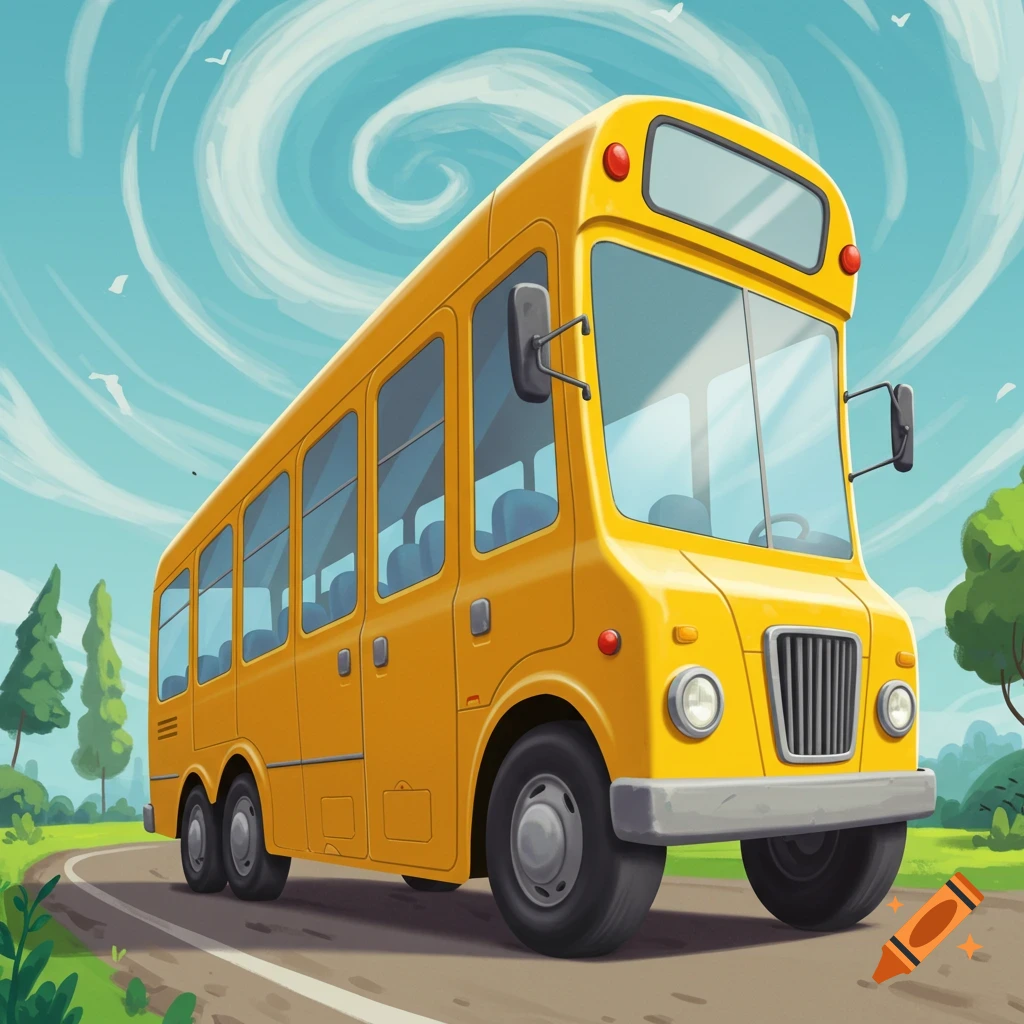 A cartoon yellow school bus drives on a road.