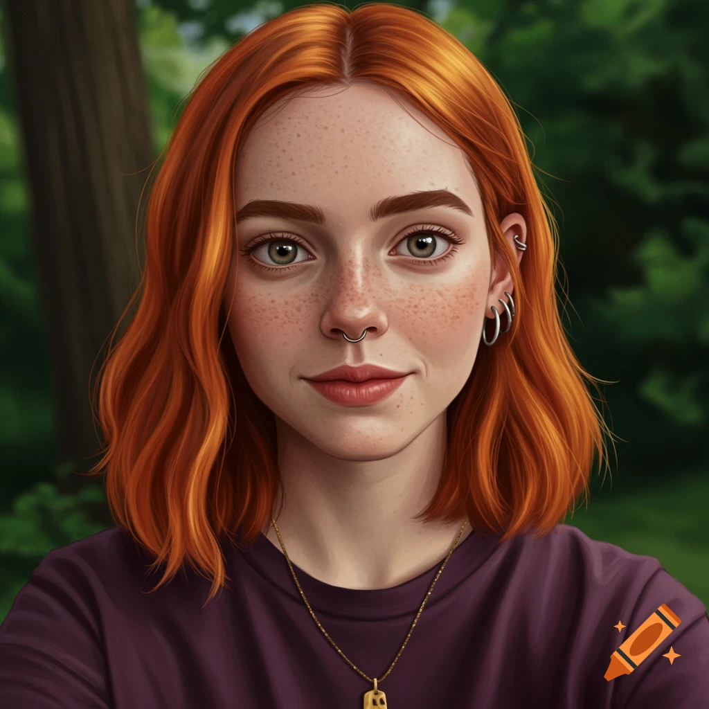 A portrait of a young woman with striking red hair, prominent freckles, and facial piercings. The background is a softly blurred green.
