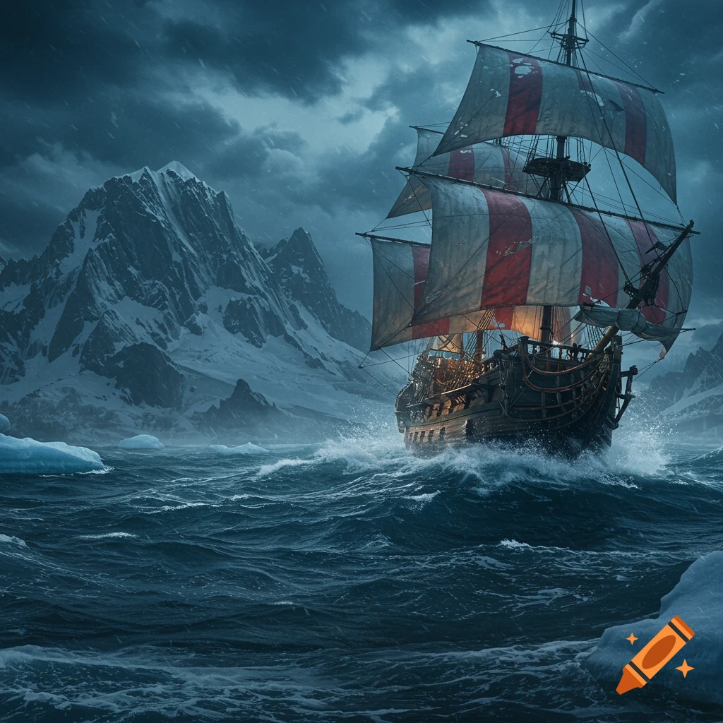 A photorealistic image of a galleon ship with red and white sails battling a stormy sea near snowy mountains and icebergs.