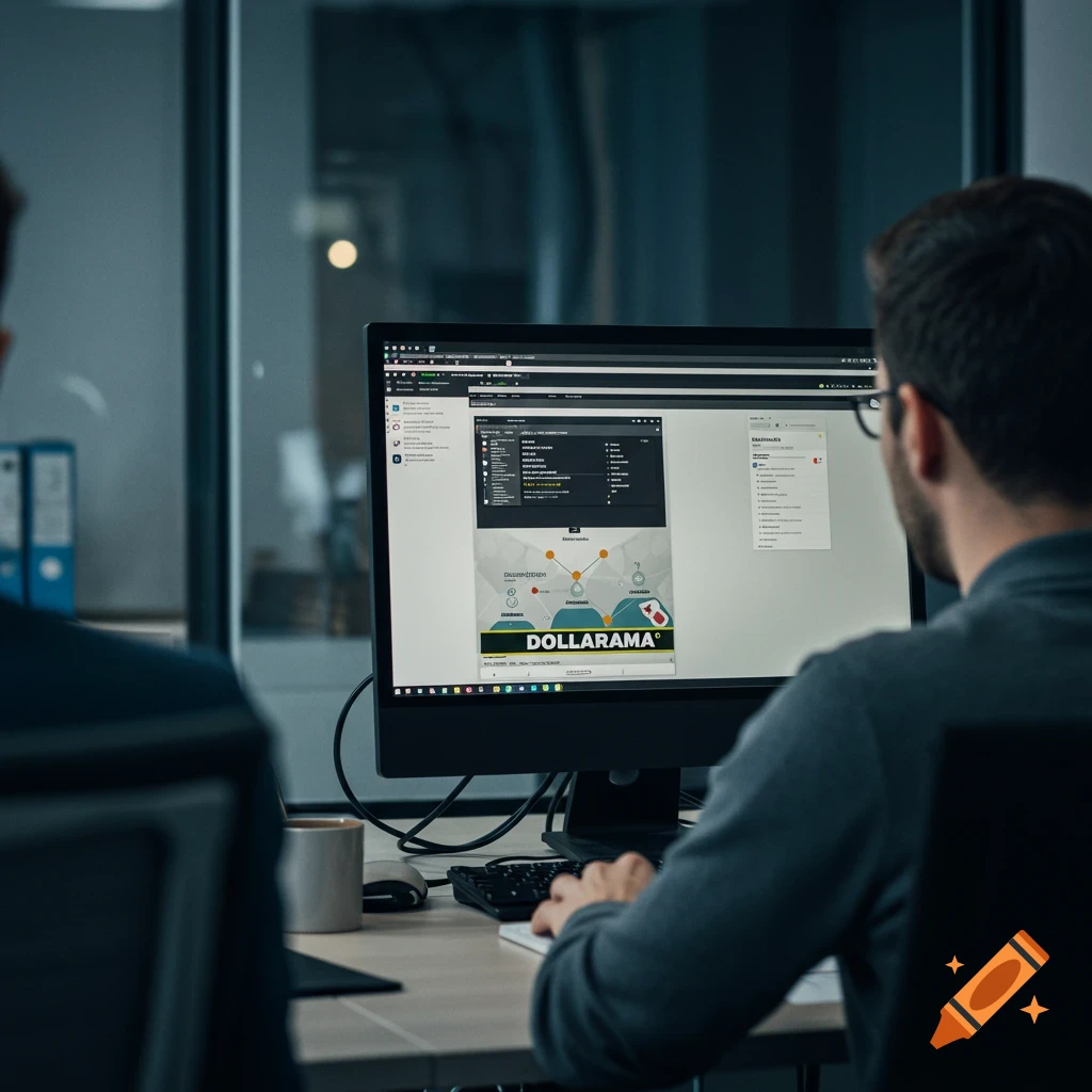 Two people working on a computer in an office viewing a graphic with the Dollarama logo.