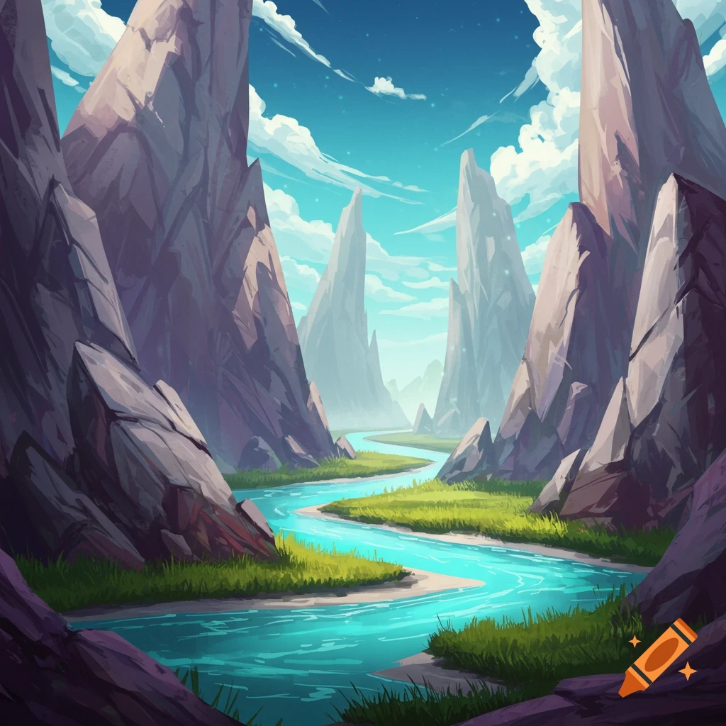 A valley with sharp rock peaks and a bright blue river winding through grass