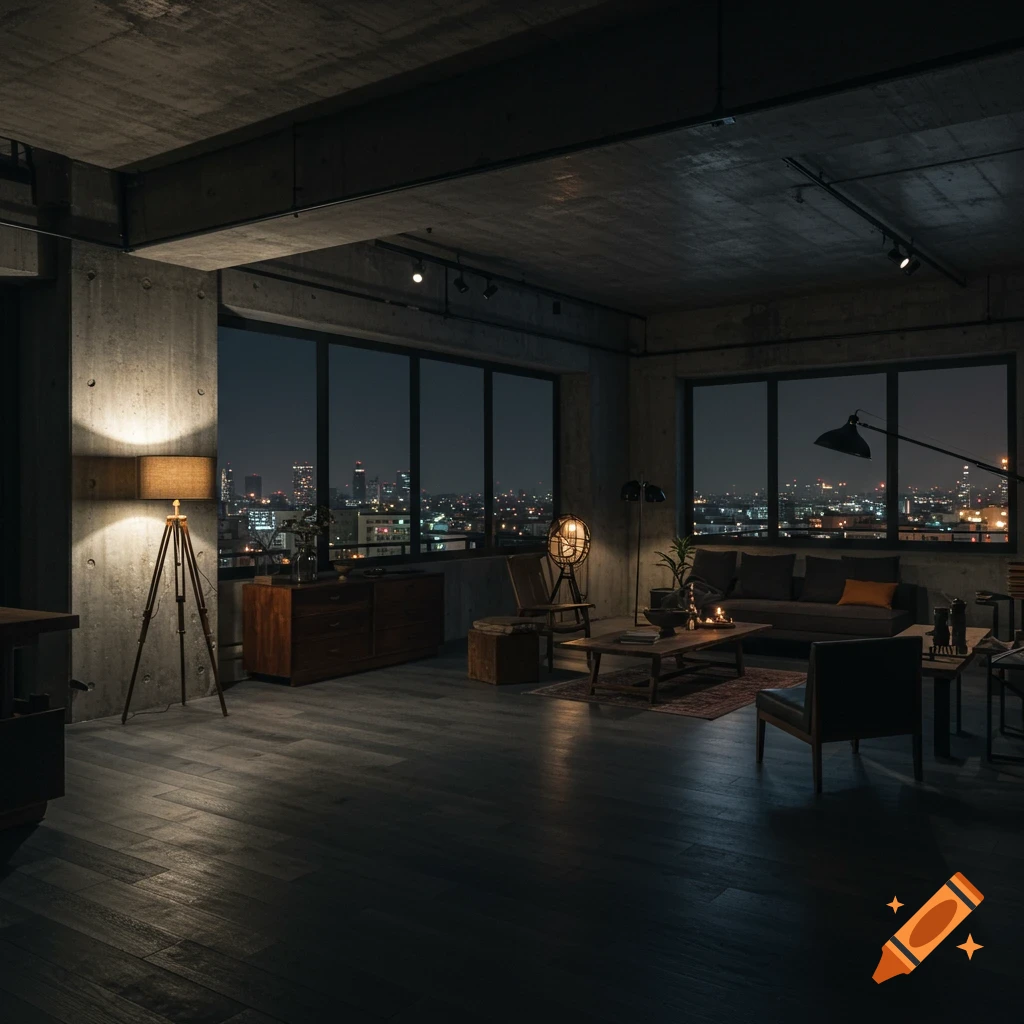 Dark living room in a brutalist penthouse with city view at night.
