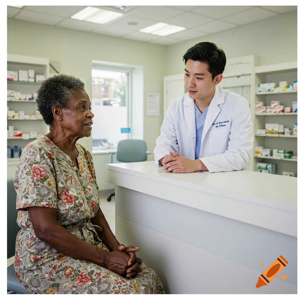 An elderly African American woman talks to an Asian male pharmacist in a brightly lit pharmacy.