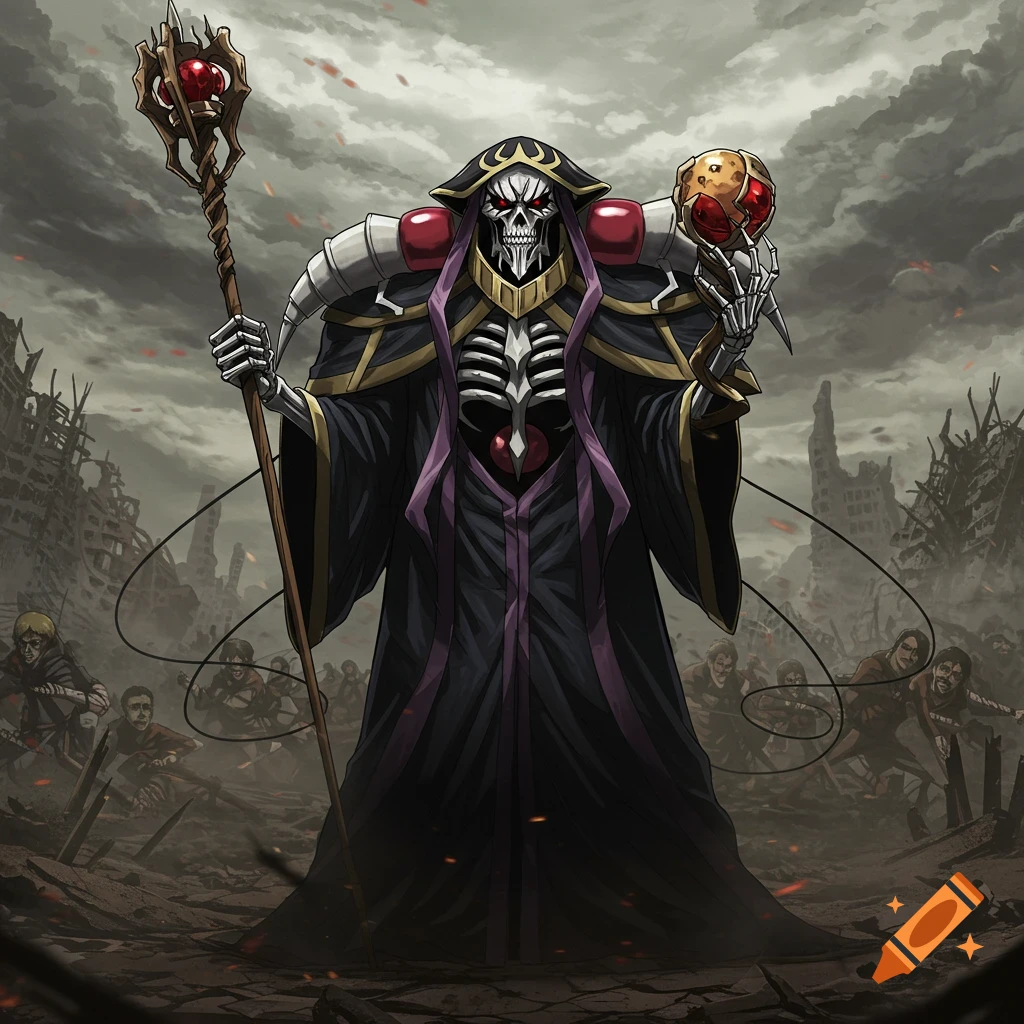 A skeletal figure in a dark robe holds a staff and glowing orb in a ruined city under a stormy sky, in an anime style.