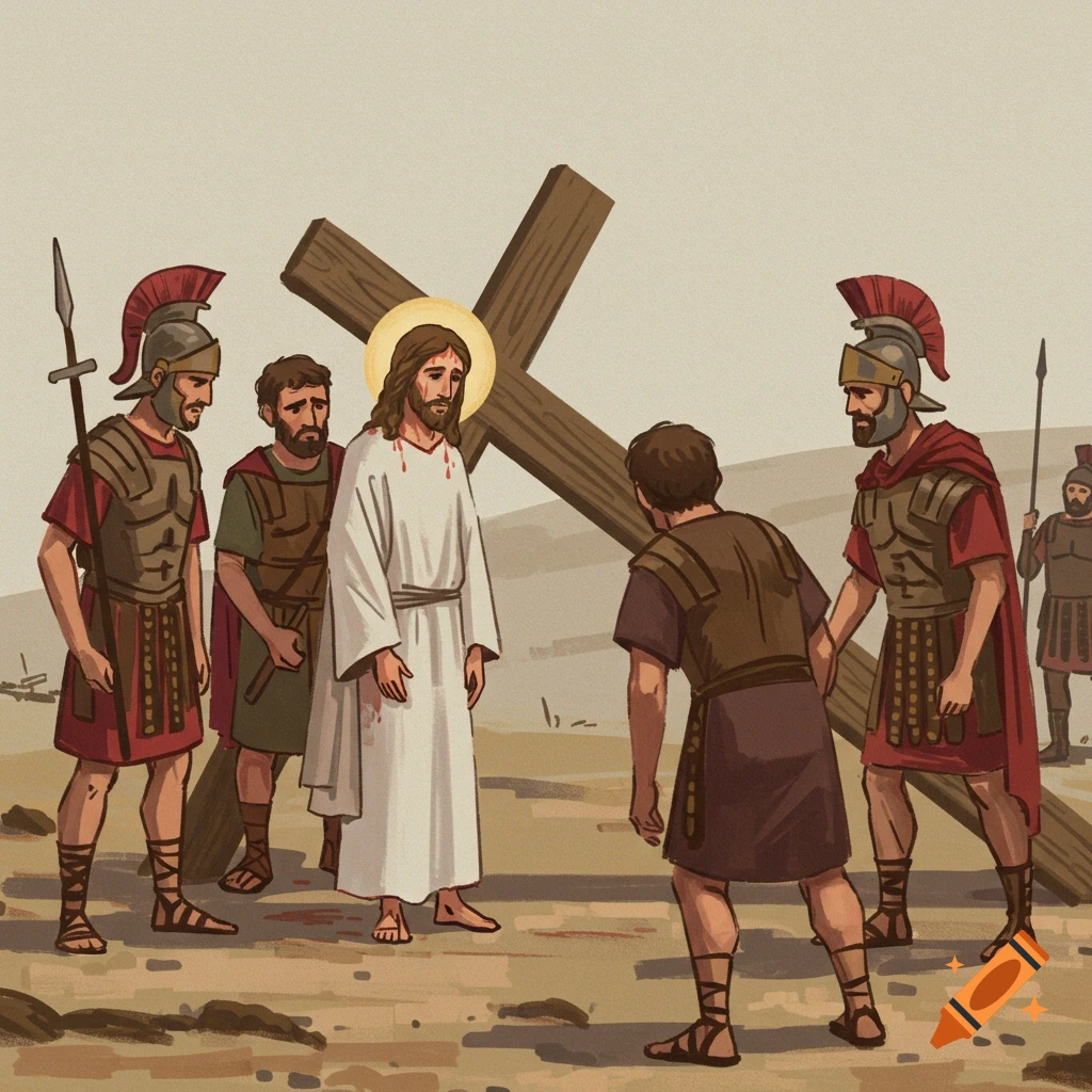 Jesus carrying the cross surrounded by Roman soldiers.
