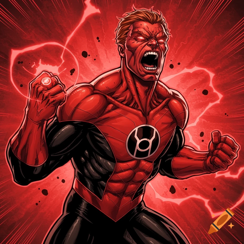 The DC Comics character Atrocitus in a red and black costume, surrounded by red energy