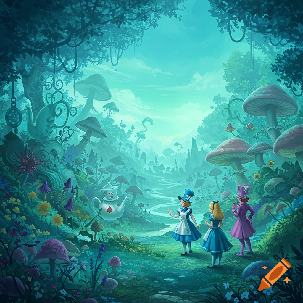 Alice, the Mad Hatter, and another figure in a fantasy mushroom forest from Alice in Wonderland.