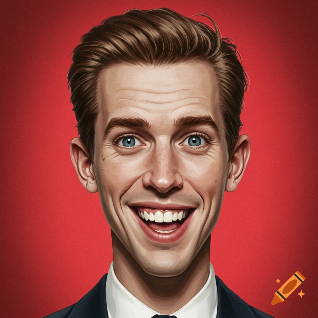Painting of a smiling man in a suit against a red background.