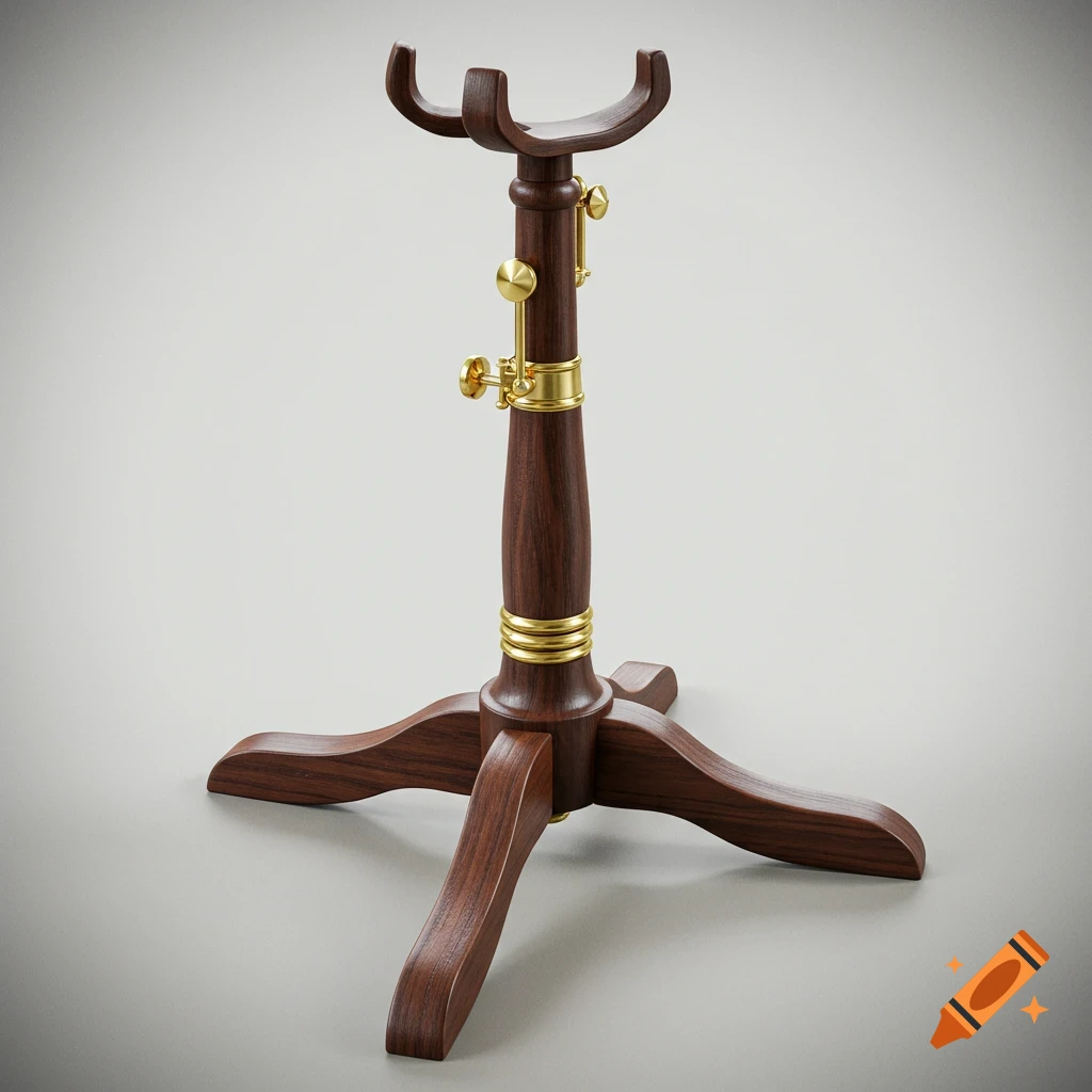 A 3d render of a dark wood clarinet stand with brass rings and adjusters.