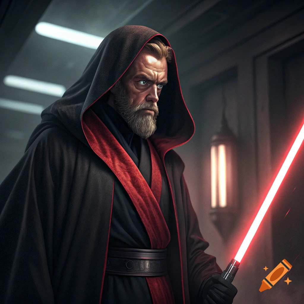 Bearded man in a black hooded robe with red lining holds a red lightsaber.