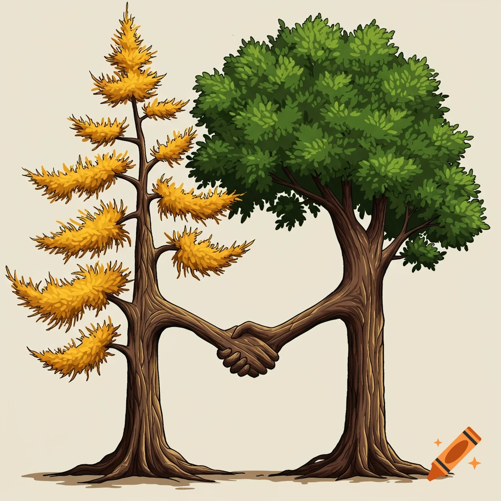 Illustration of a larch tree and a broadleaf tree shaking hands with their branches.