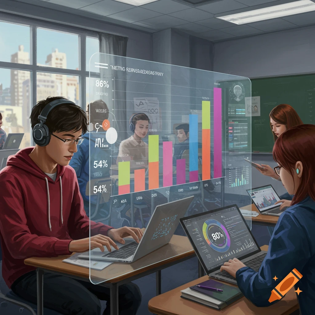 Students in a classroom with laptops and a large holographic display showing statistics and graphs.