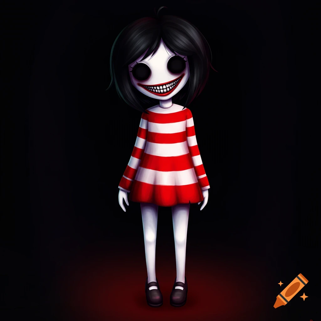 A stylized image of a creepy girl with large black eyes and a wide grin, wearing a red and white striped dress.